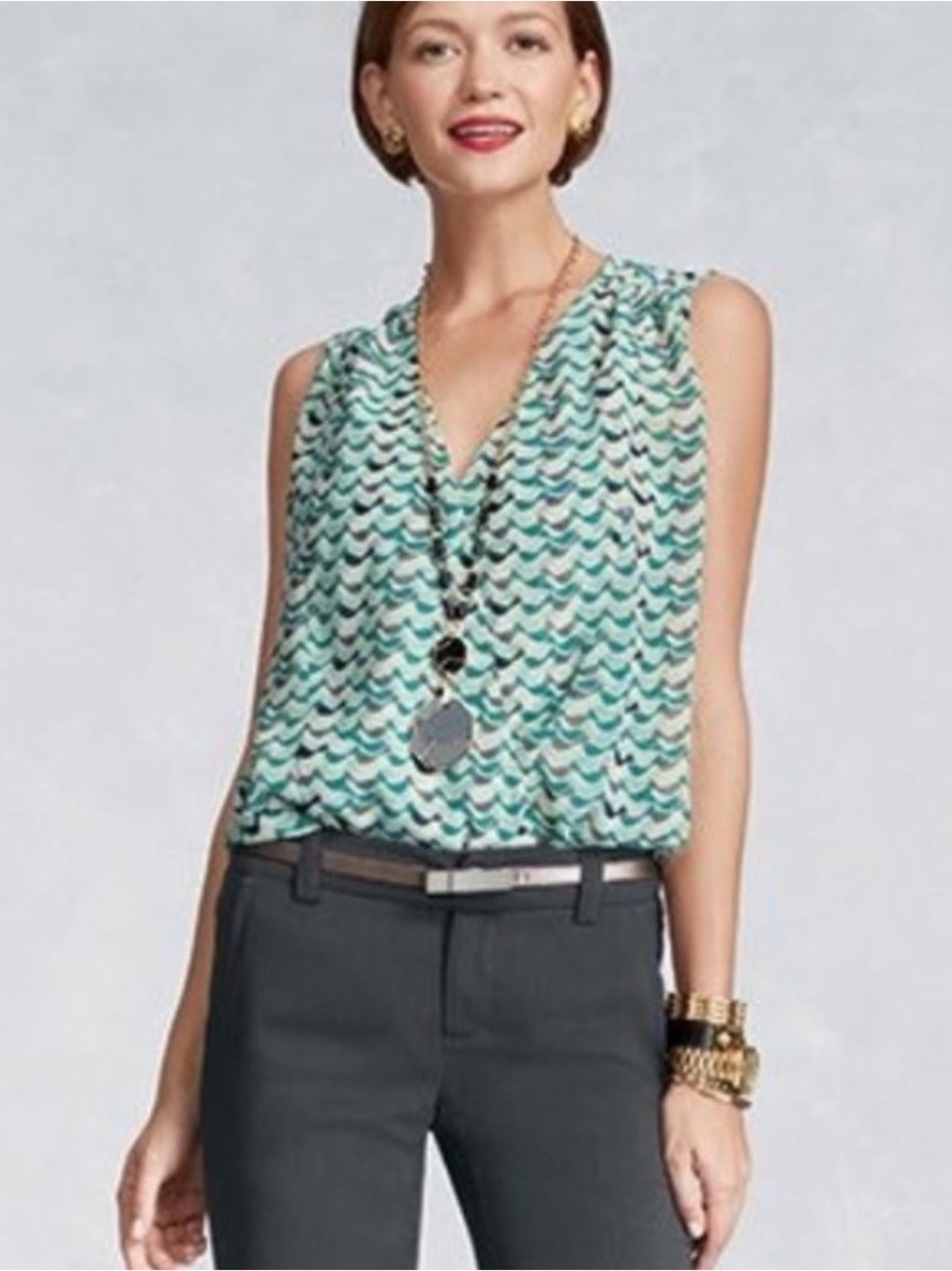 CAbi Teal and Gray Wave-Print Sleeveless V-Neck Top- S